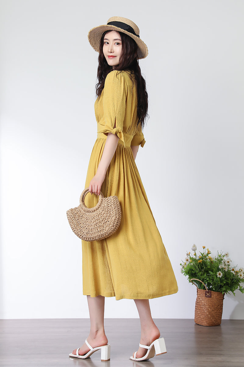 Deep V neck Linen party Dress C3321