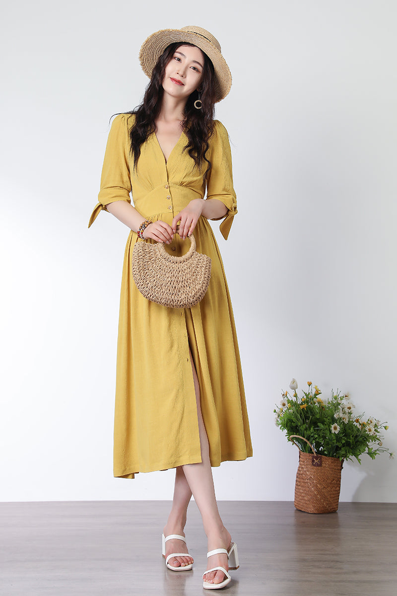 Deep V neck Linen party Dress C3321