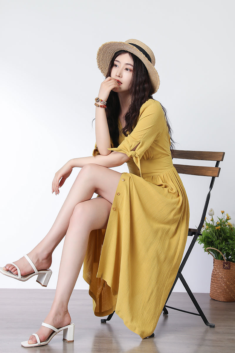 Deep V neck Linen party Dress C3321