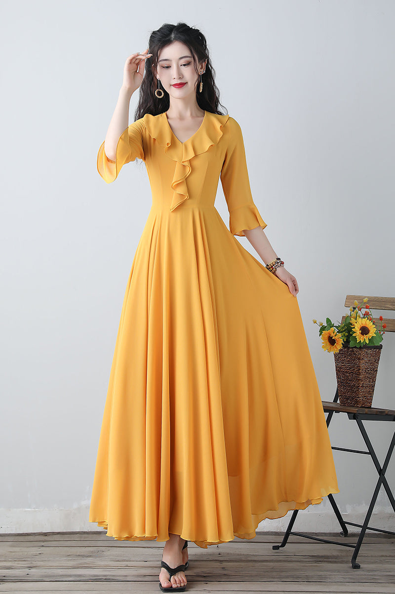 Yellow chiffon fit and flare dress C3457