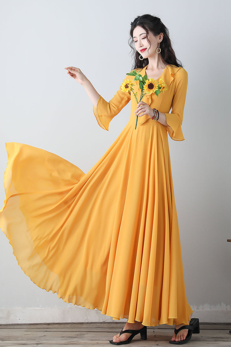 Yellow chiffon fit and flare dress C3457