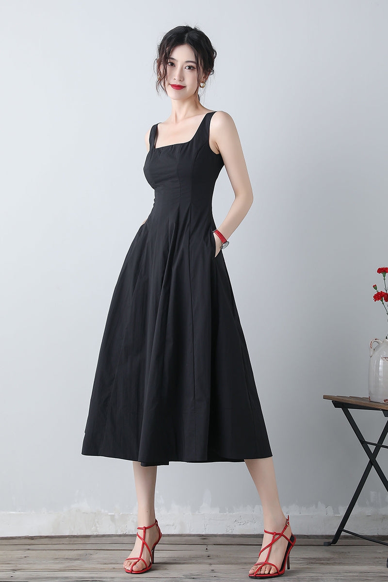 Summer Sleeveless Black Midi Dress C3455