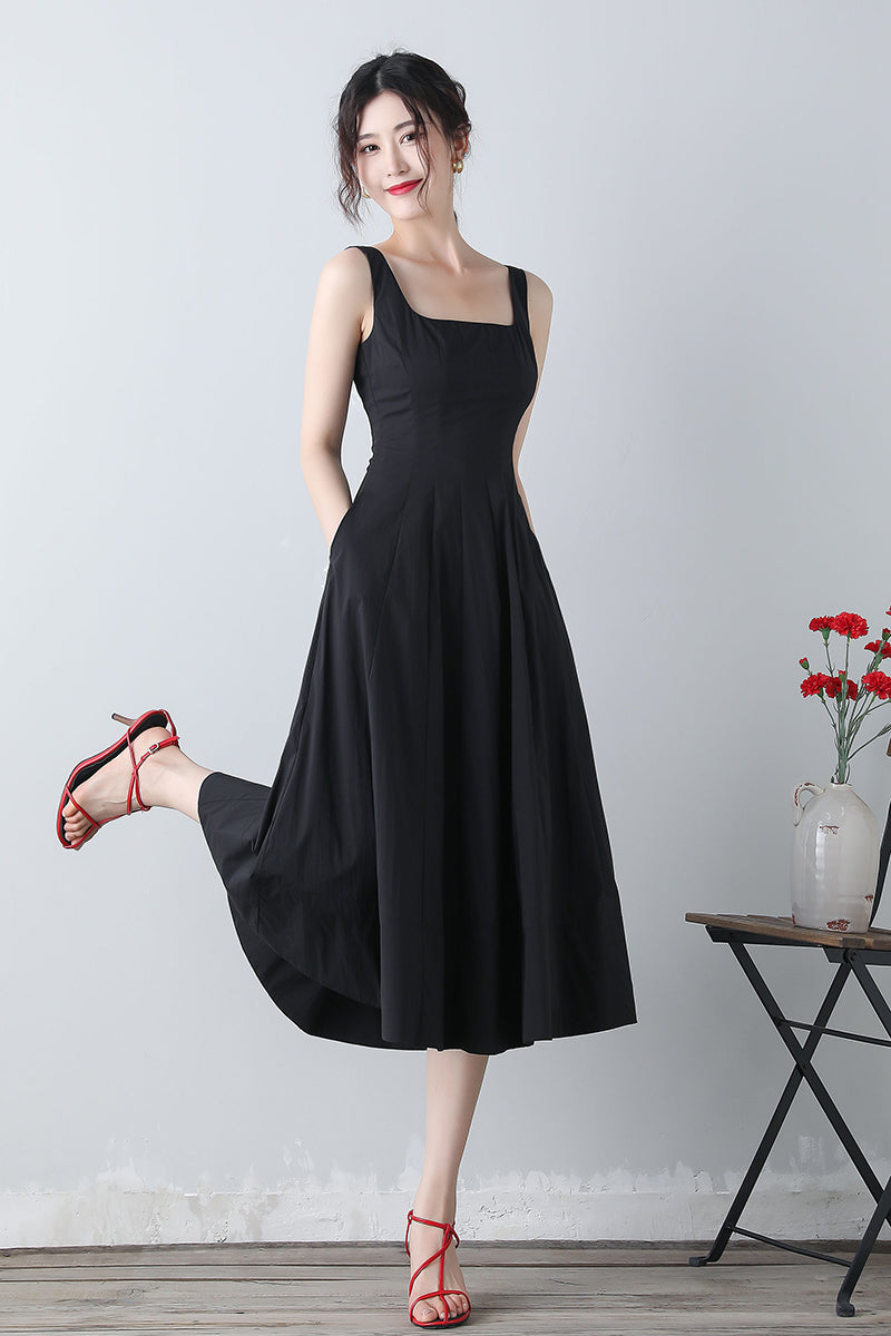 Summer Sleeveless Black Midi Dress C3455