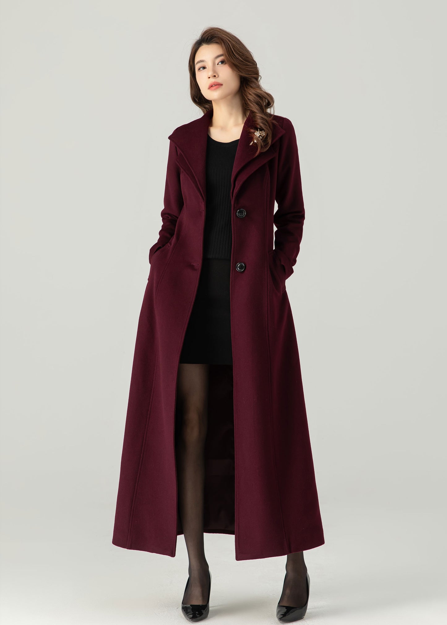 Burgundy Long Wool Coat Women C3693