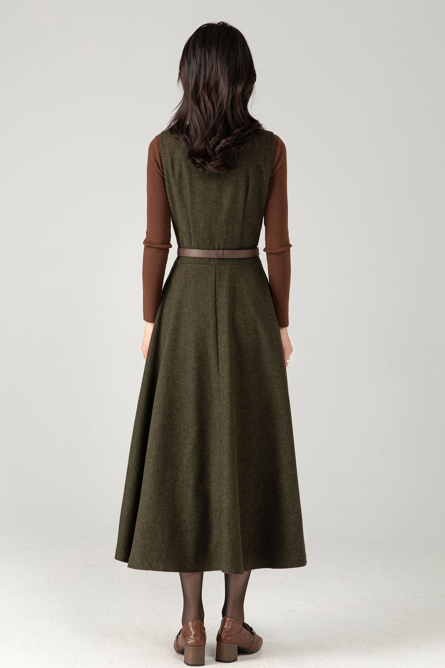 Army Green Wool Blend Midi Pinafore Dress – Handmade Sleeveless Fit and Flare Winter Dress C5338
