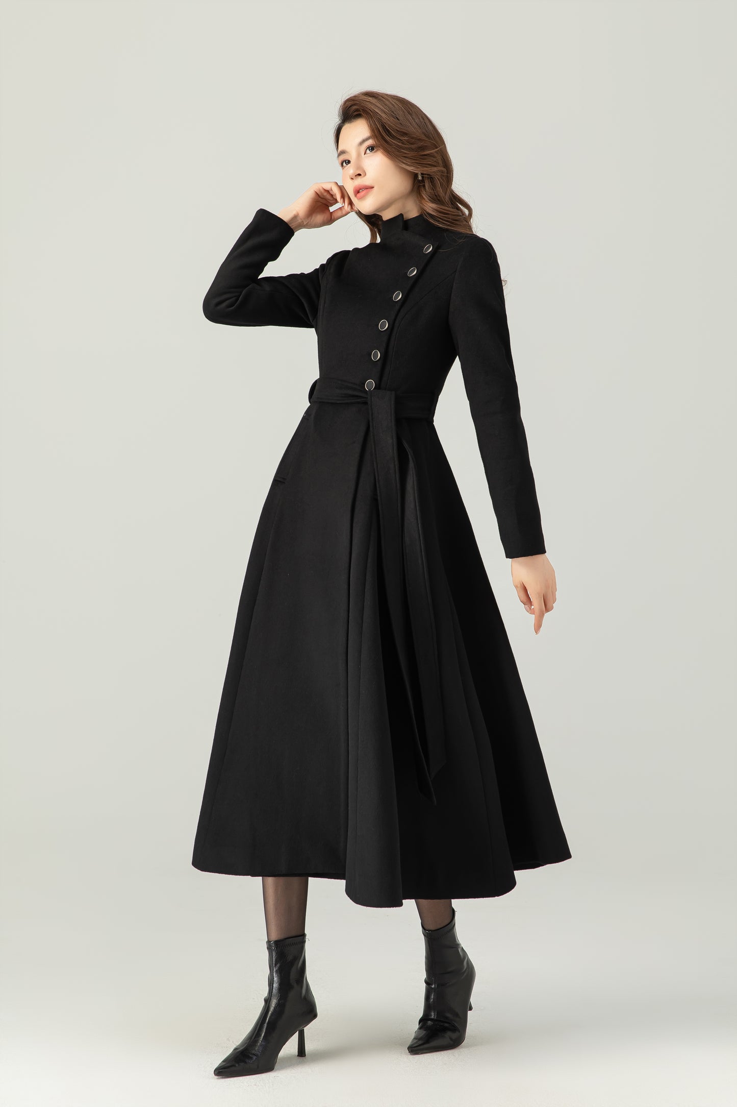 Winter Black button Long Wrap Wool Coat Women C4408