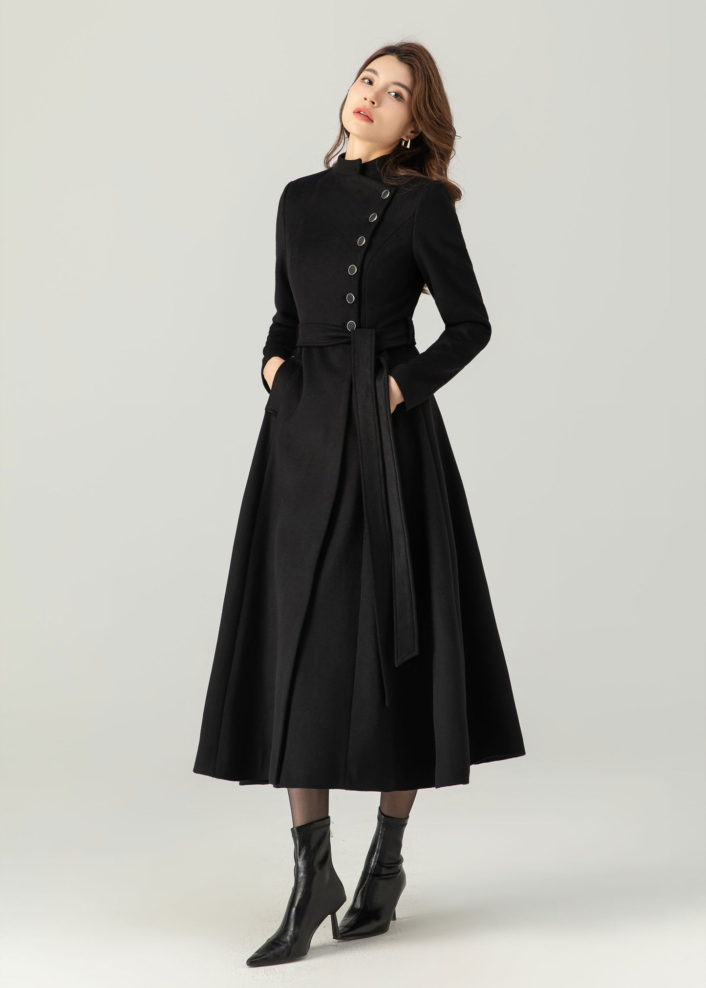 Black Long Wool Coat, Winter Wool Coat women C3706