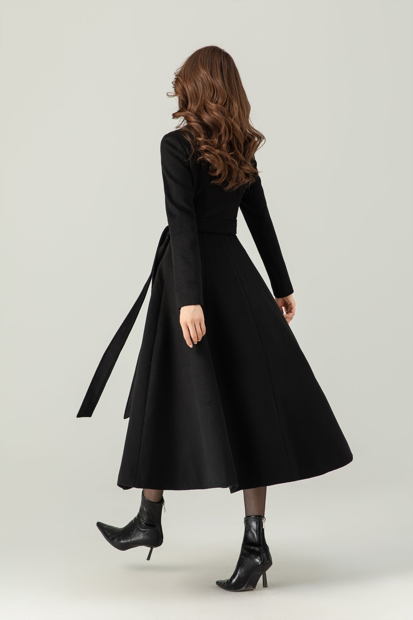 Winter Black button Long Wrap Wool Coat Women C4408