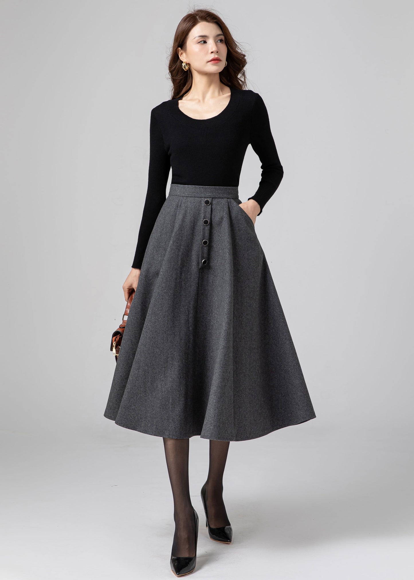 A Line Midi Skirt, Wool Skirt Women C3583