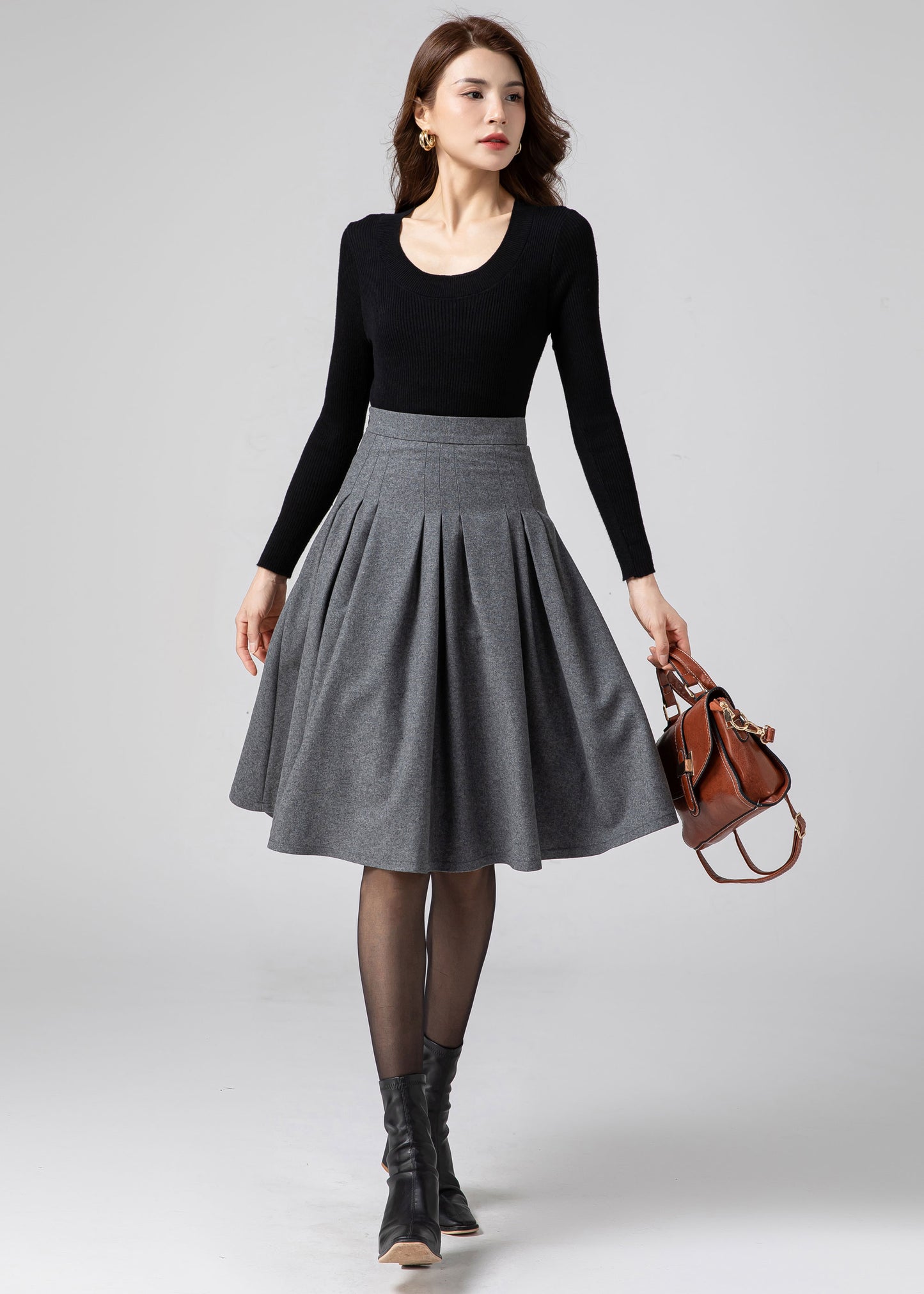 Skater Wool Pleated skirt Women C3585