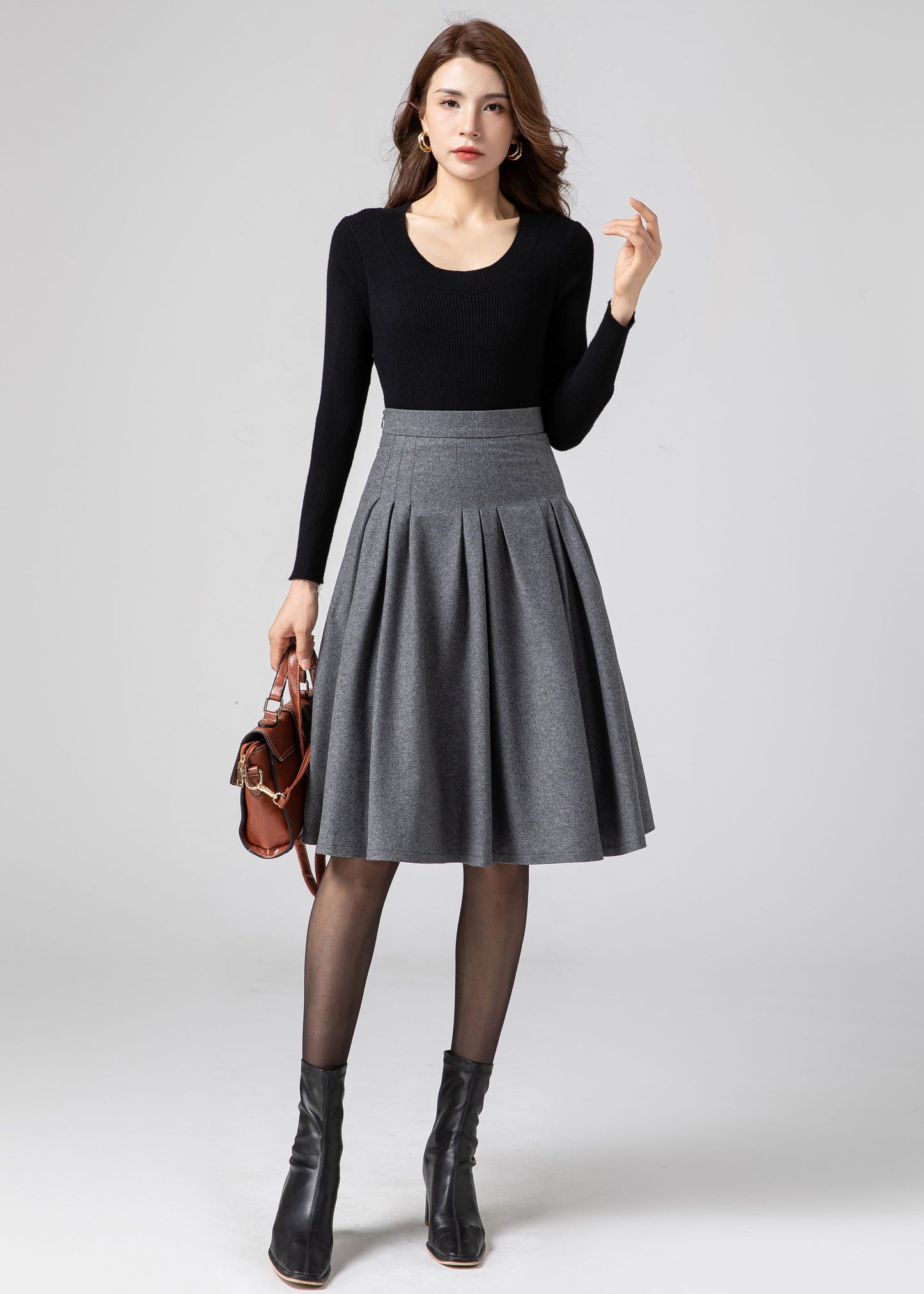 Skater Wool Pleated skirt Women C3585