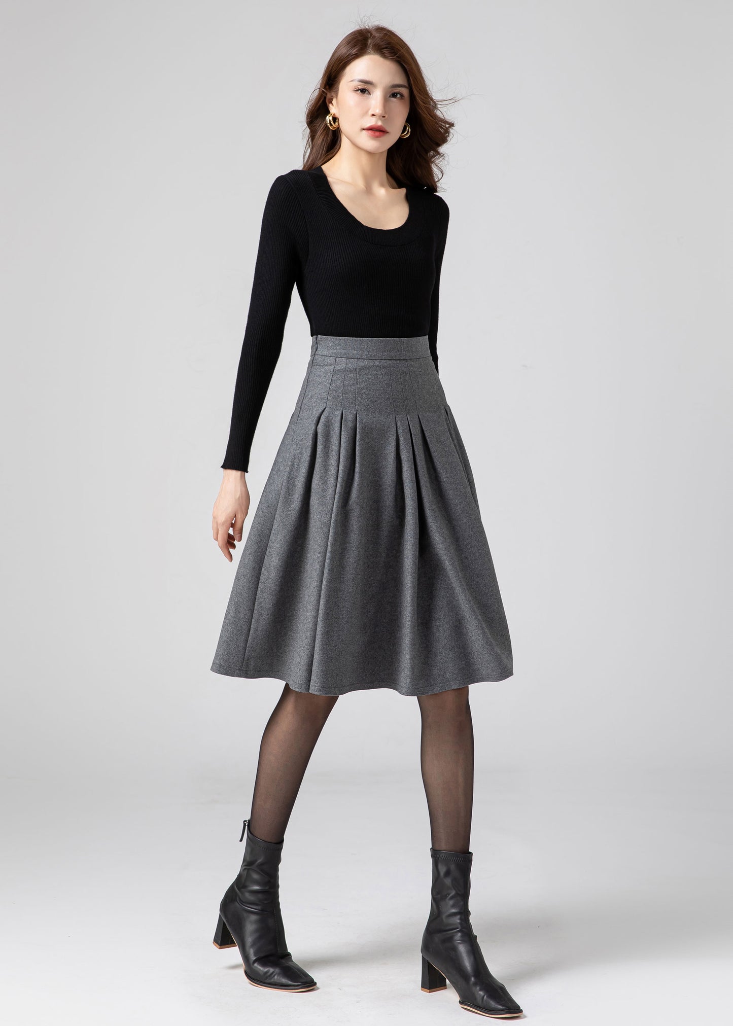 Skater Wool Pleated skirt Women C3585