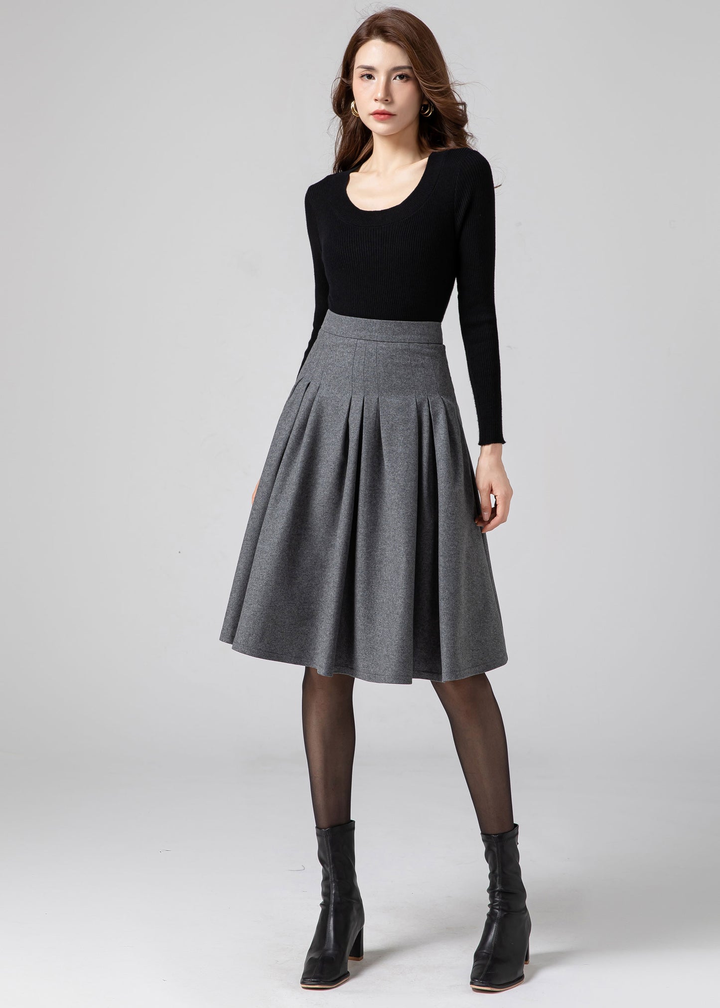 Skater Wool Pleated skirt Women C3585