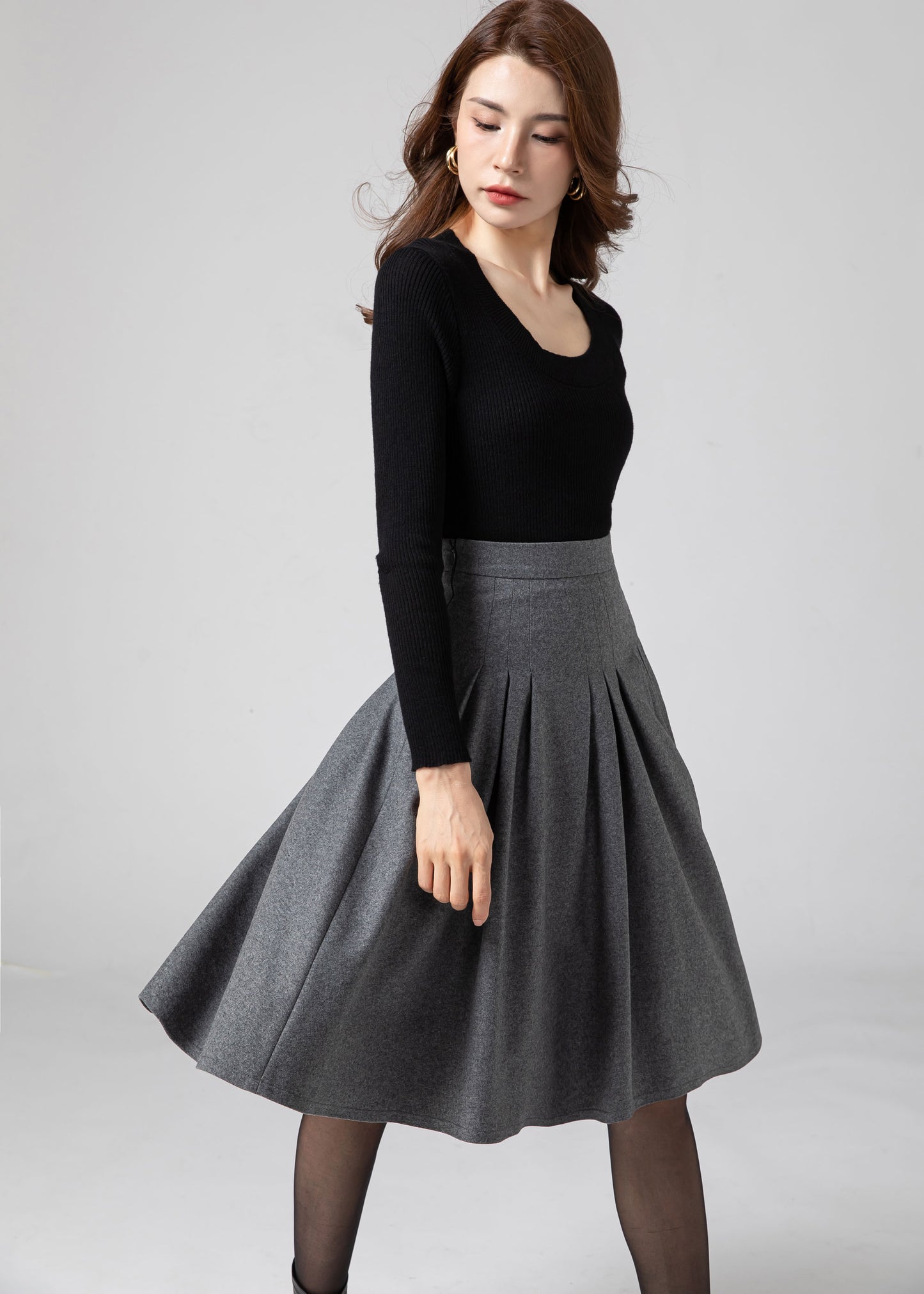 Skater Wool Pleated skirt Women C3585