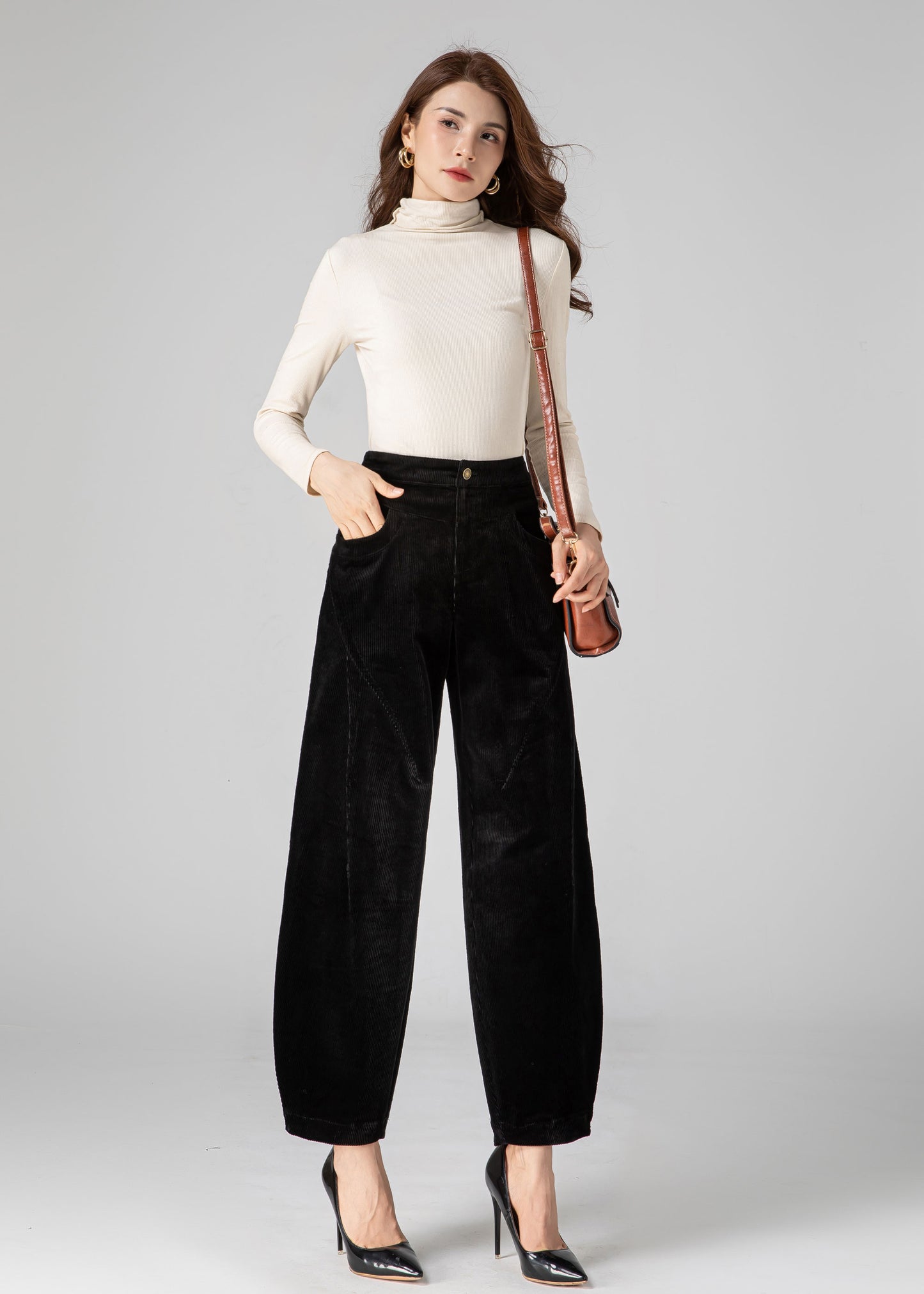 Black Corduroy Pants Women, Tapered Pants C3592