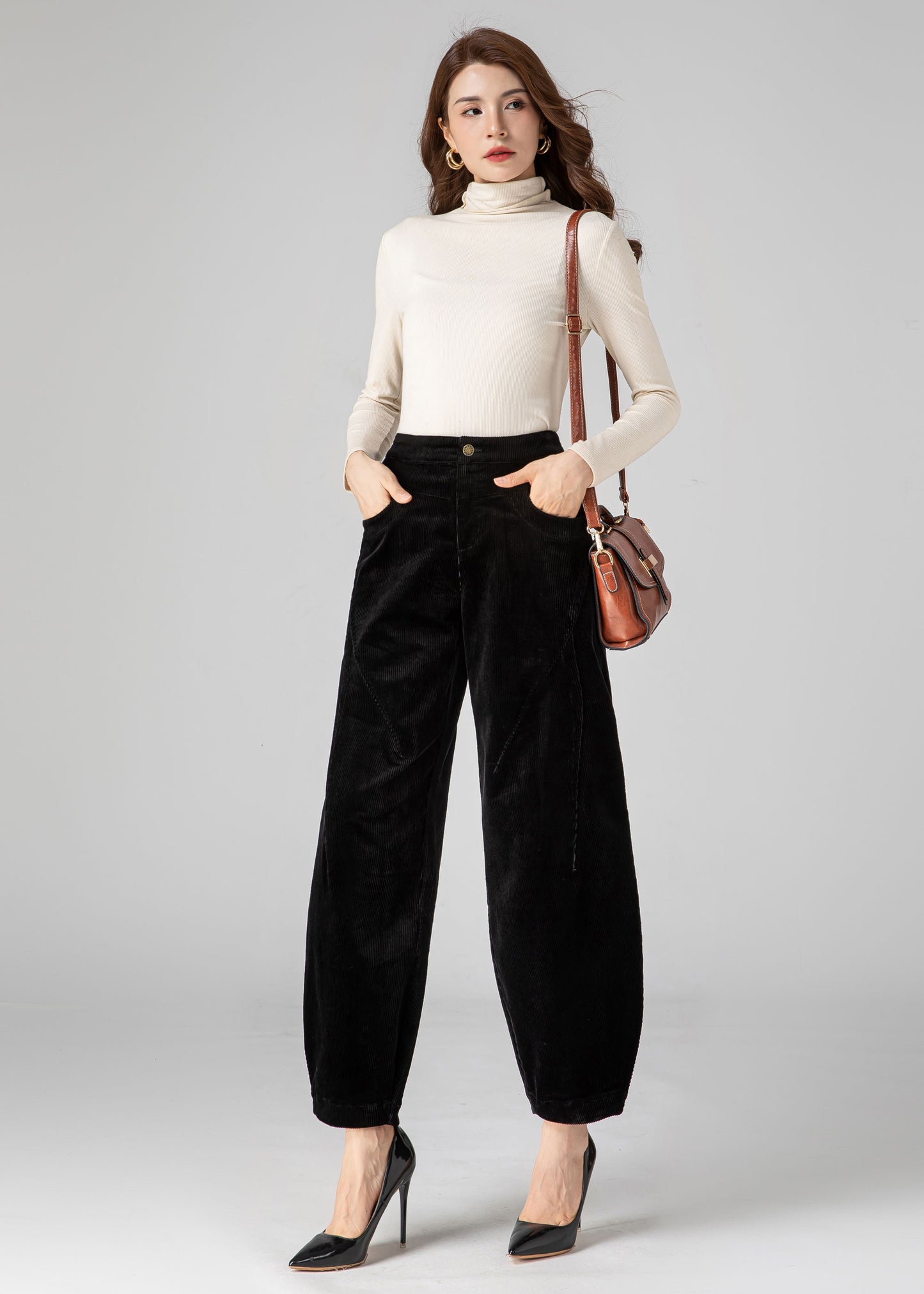 Black Corduroy Pants Women, Tapered Pants C3592
