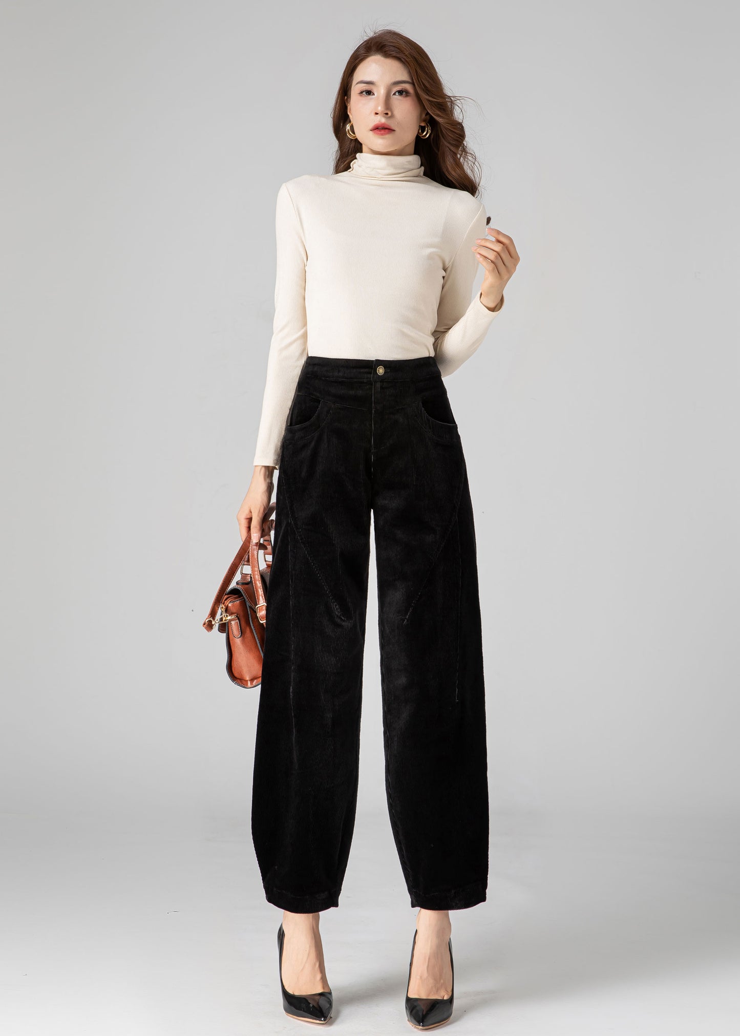 Black Corduroy Pants Women, Tapered Pants C3592