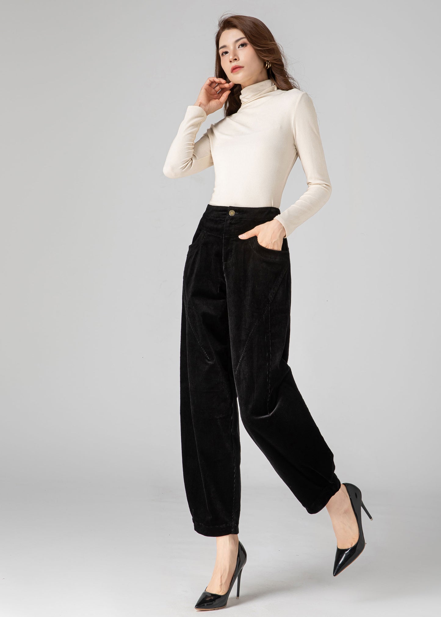 Black Corduroy Pants Women, Tapered Pants C3592