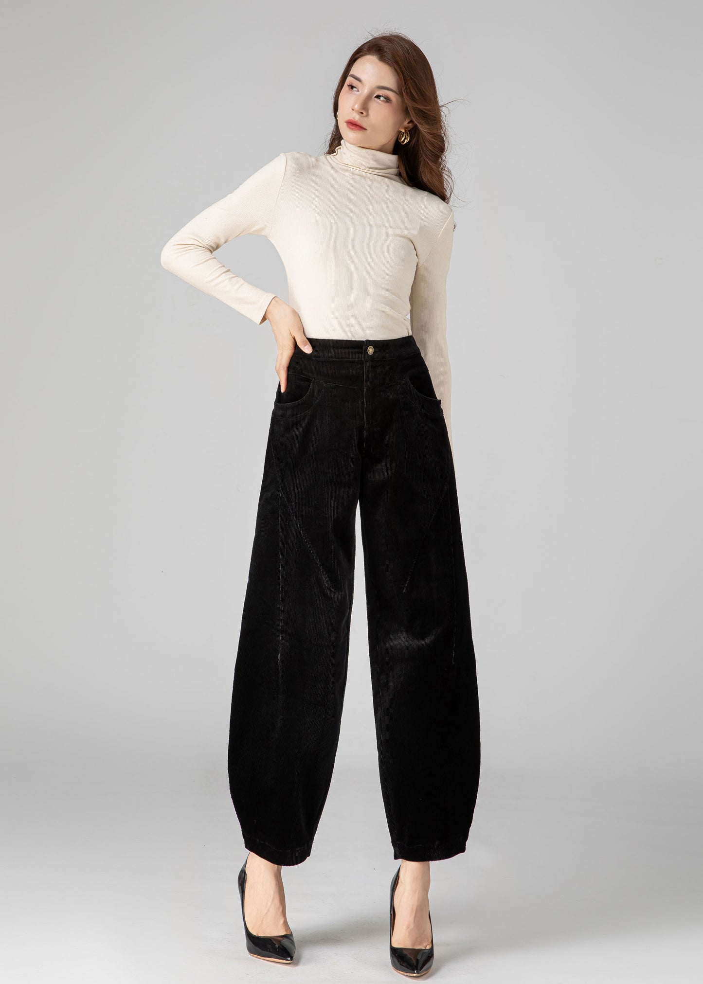 Black Corduroy Pants Women, Tapered Pants C3592