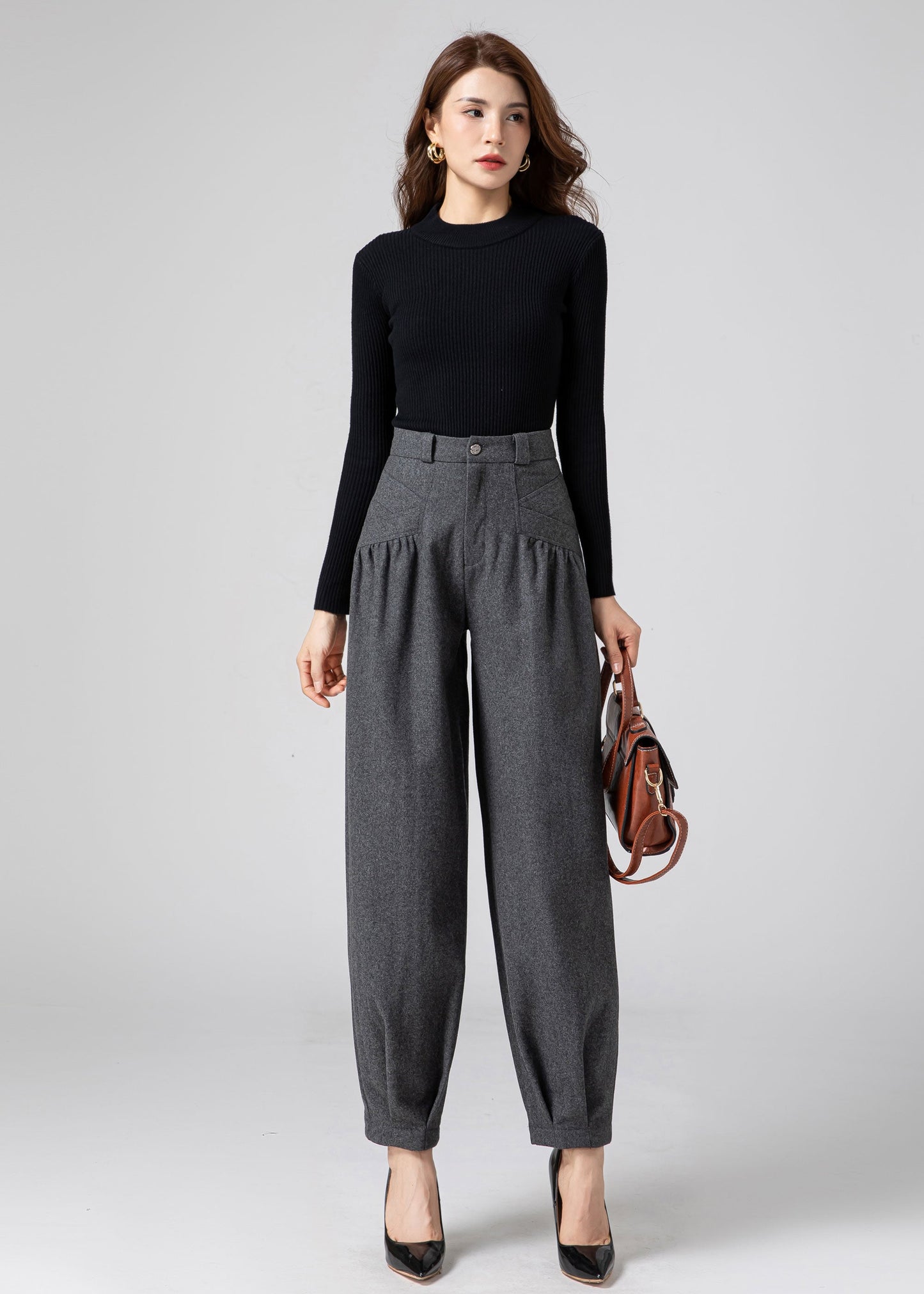 Wool Baggy Pants Women, Tapered Pants C3593