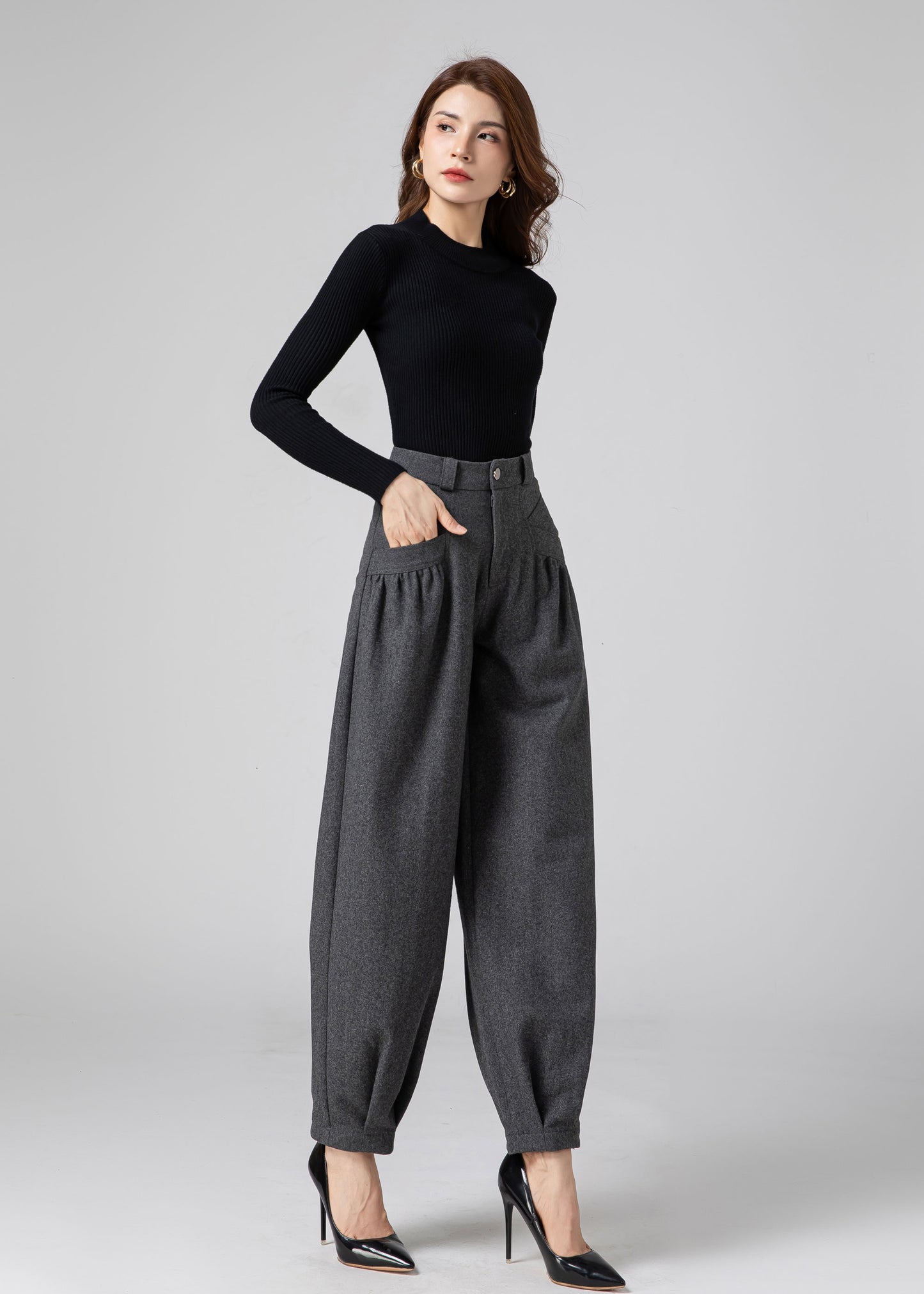 Wool Baggy Pants Women, Tapered Pants C3593