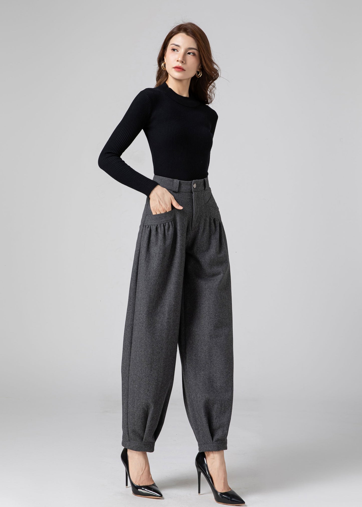Wool Baggy Pants Women, Tapered Pants C3593