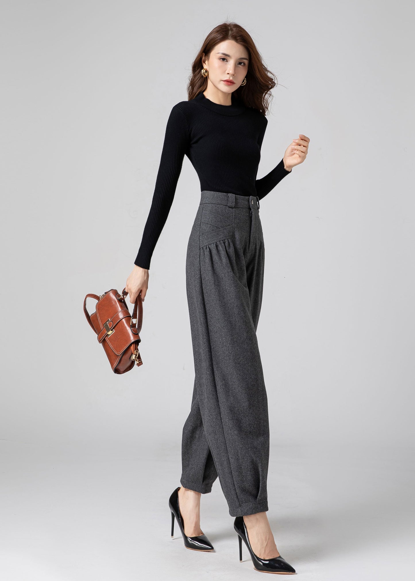 Wool Baggy Pants Women, Tapered Pants C3593
