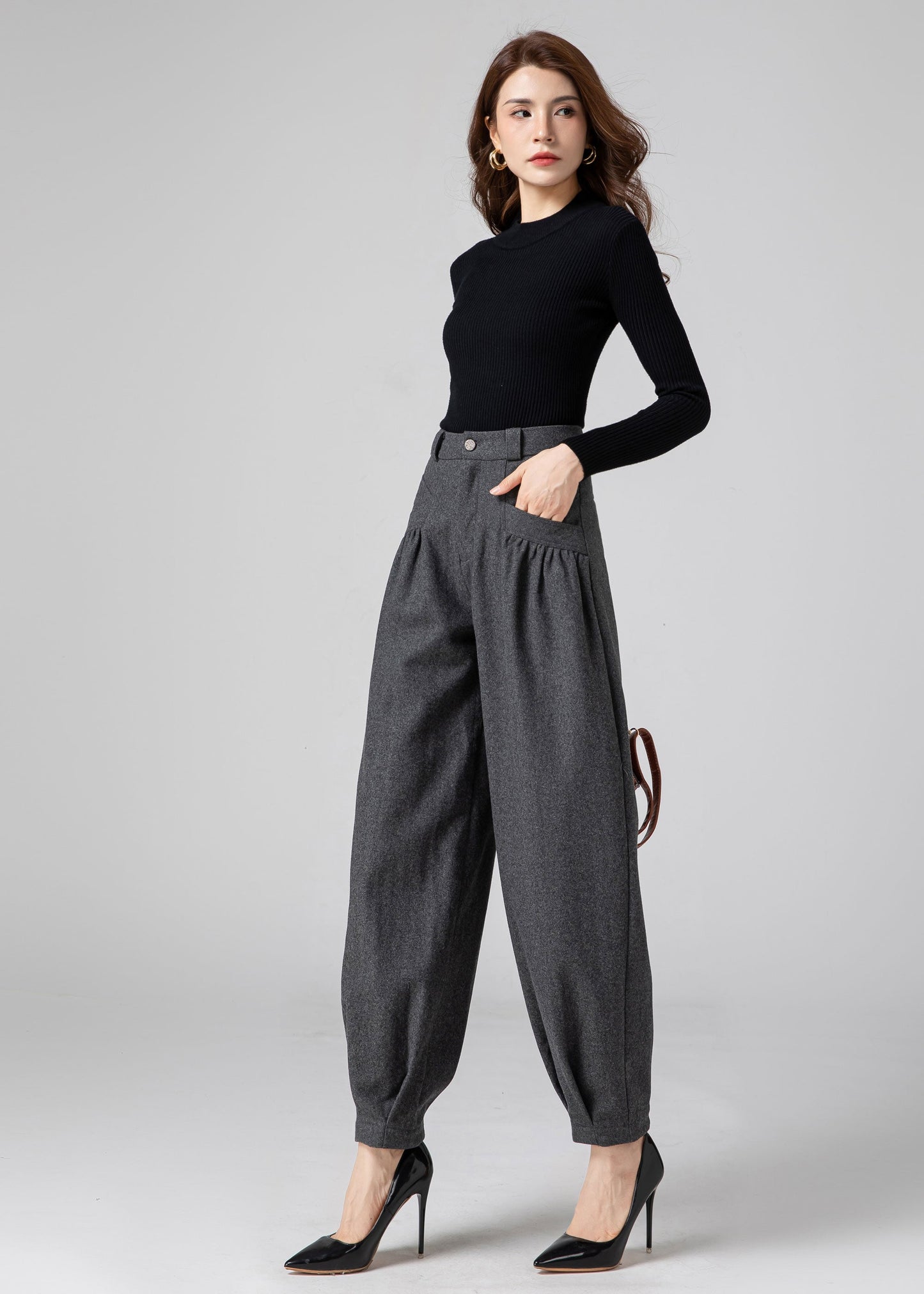 Wool Baggy Pants Women, Tapered Pants C3593