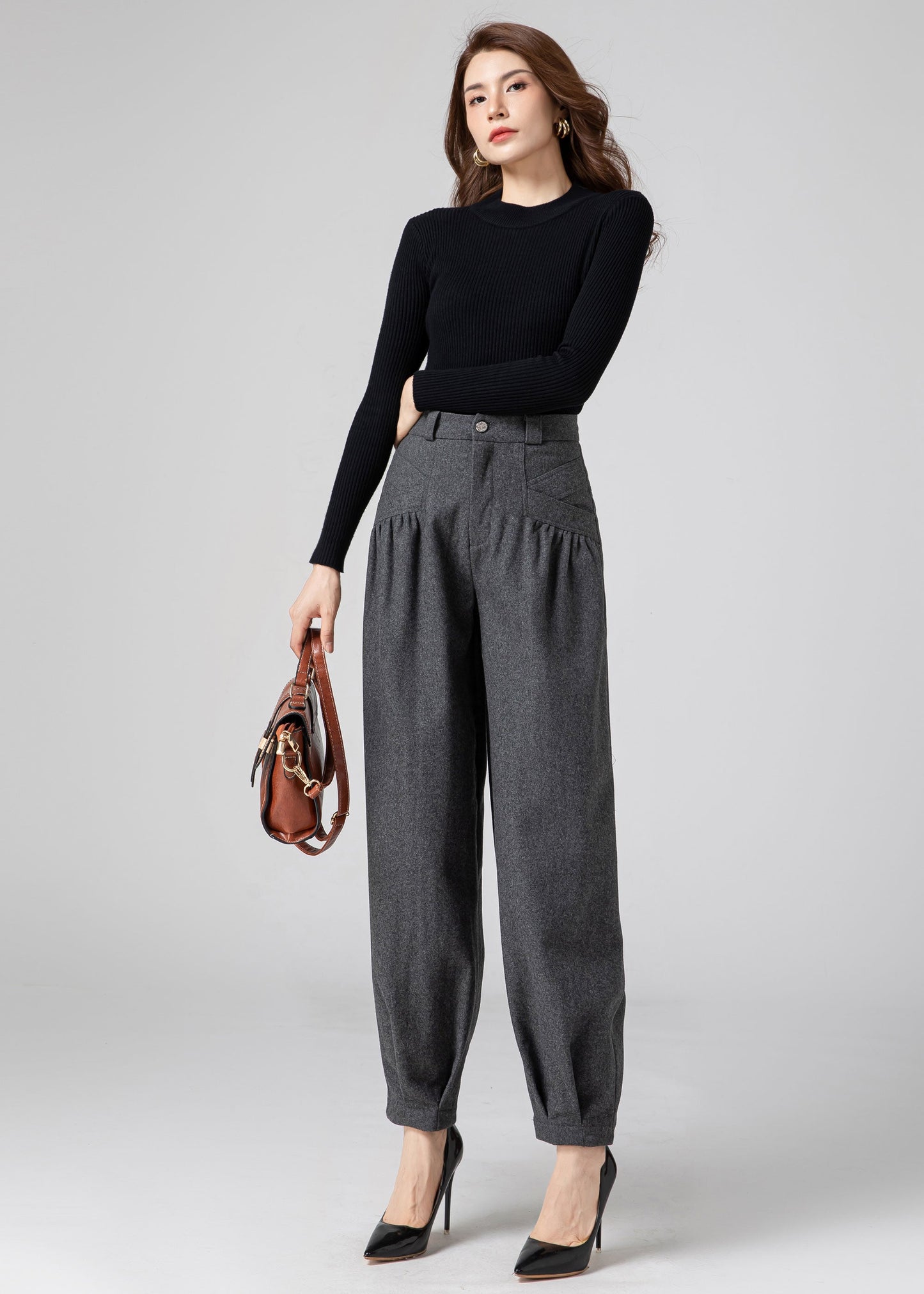 Wool Baggy Pants Women, Tapered Pants C3593