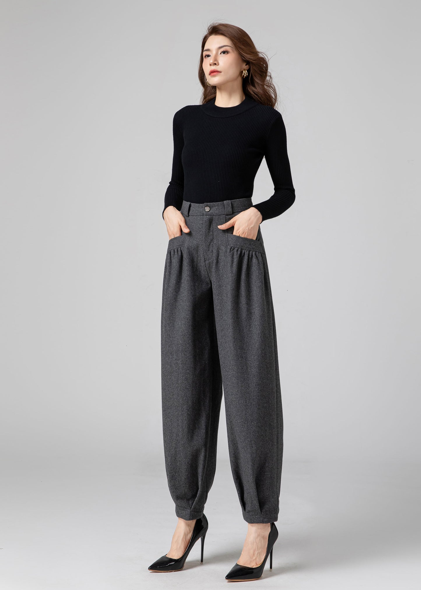 Wool Baggy Pants Women, Tapered Pants C3593