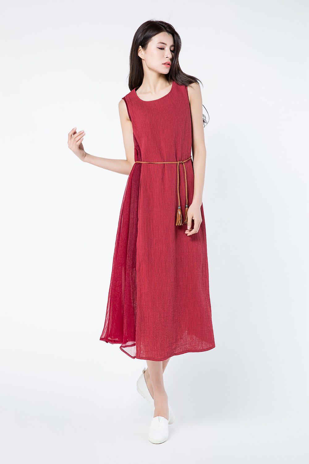 Sleeveless red summer linen dresses c1082