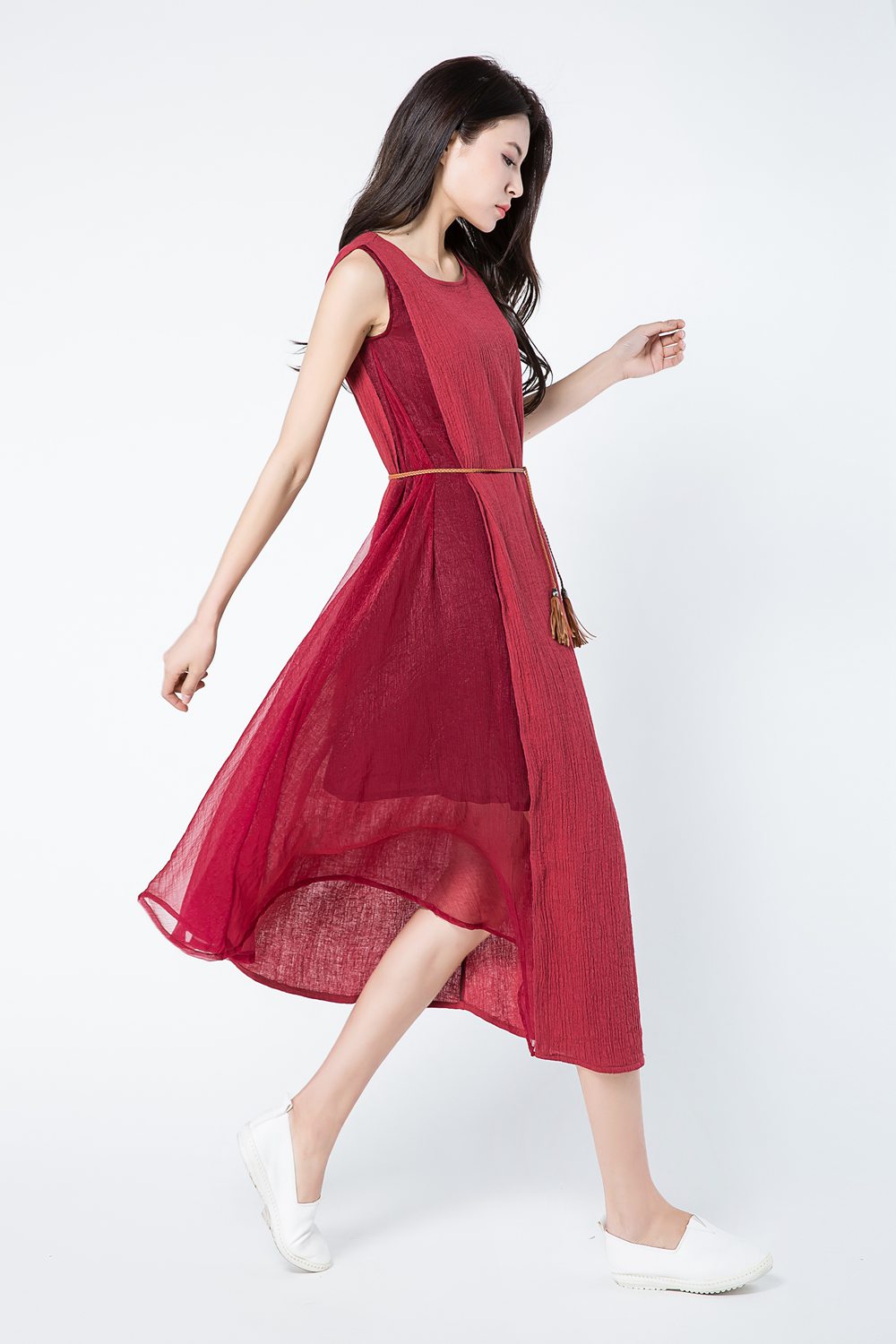 Sleeveless red summer linen dresses c1082