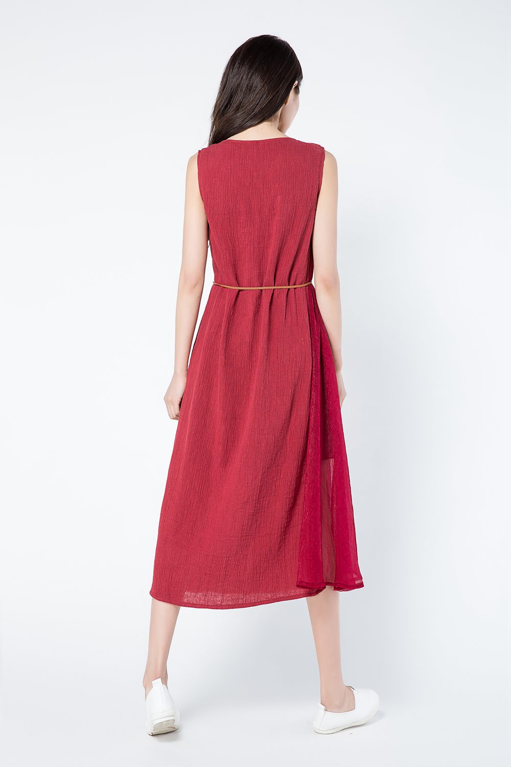 Sleeveless red summer linen dresses c1082