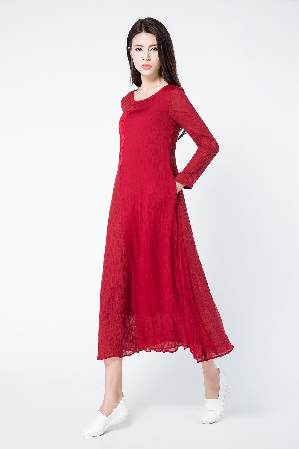 Long sleeves red summer linen dresses c1083
