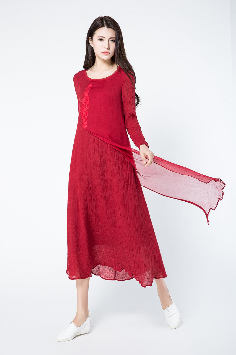 Long sleeves red summer linen dresses c1083