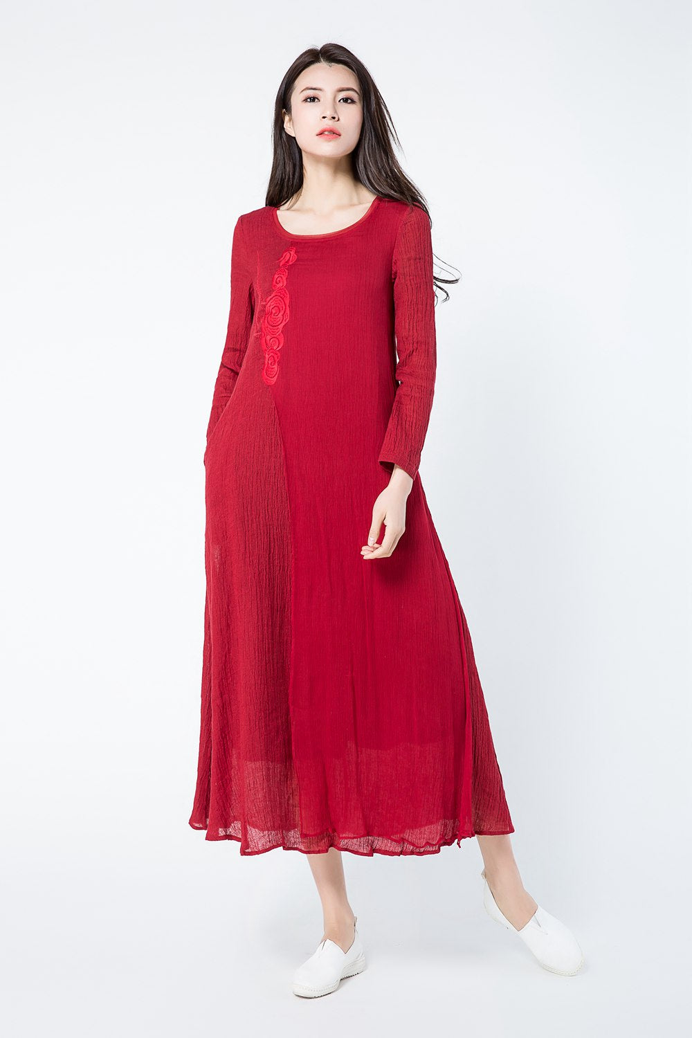 Long sleeves red summer linen dresses c1083