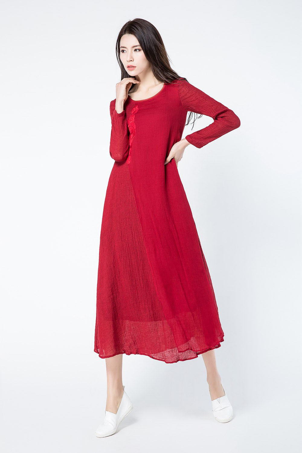 Long sleeves red summer linen dresses c1083