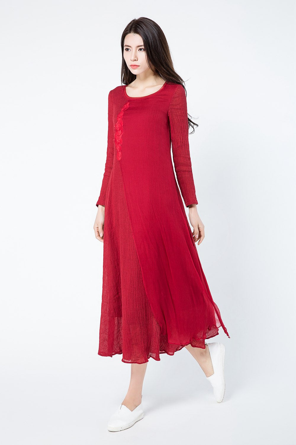 Long sleeves red summer linen dresses c1083
