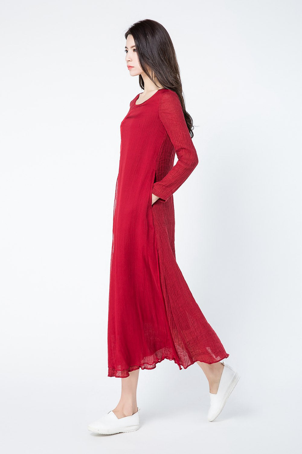 Long sleeves red summer linen dresses c1083