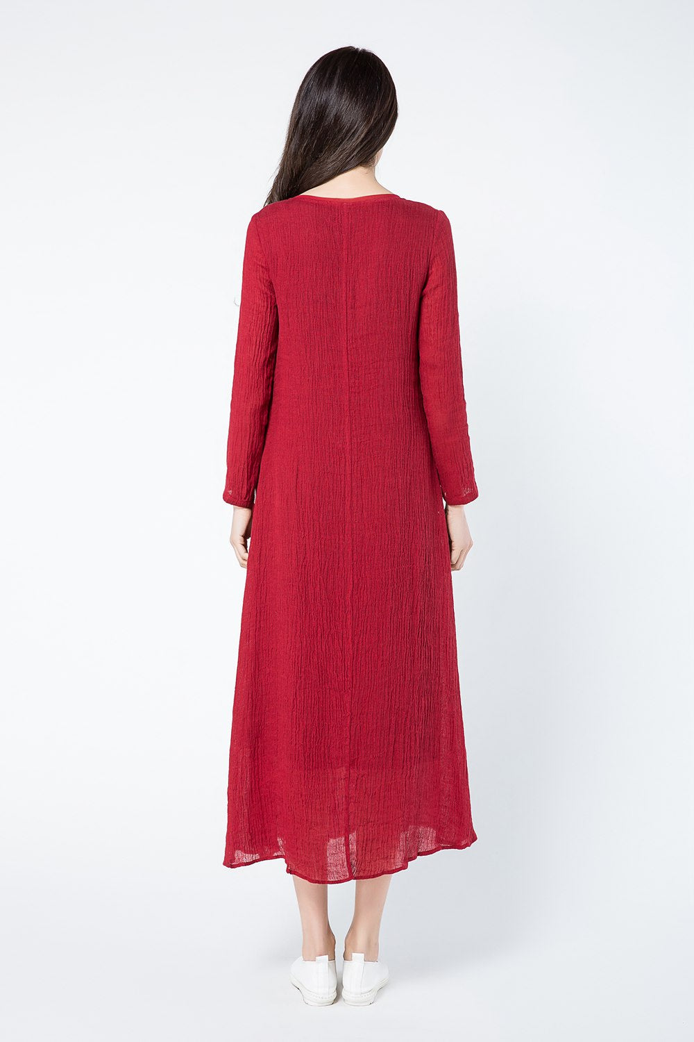 Long sleeves red summer linen dresses c1083