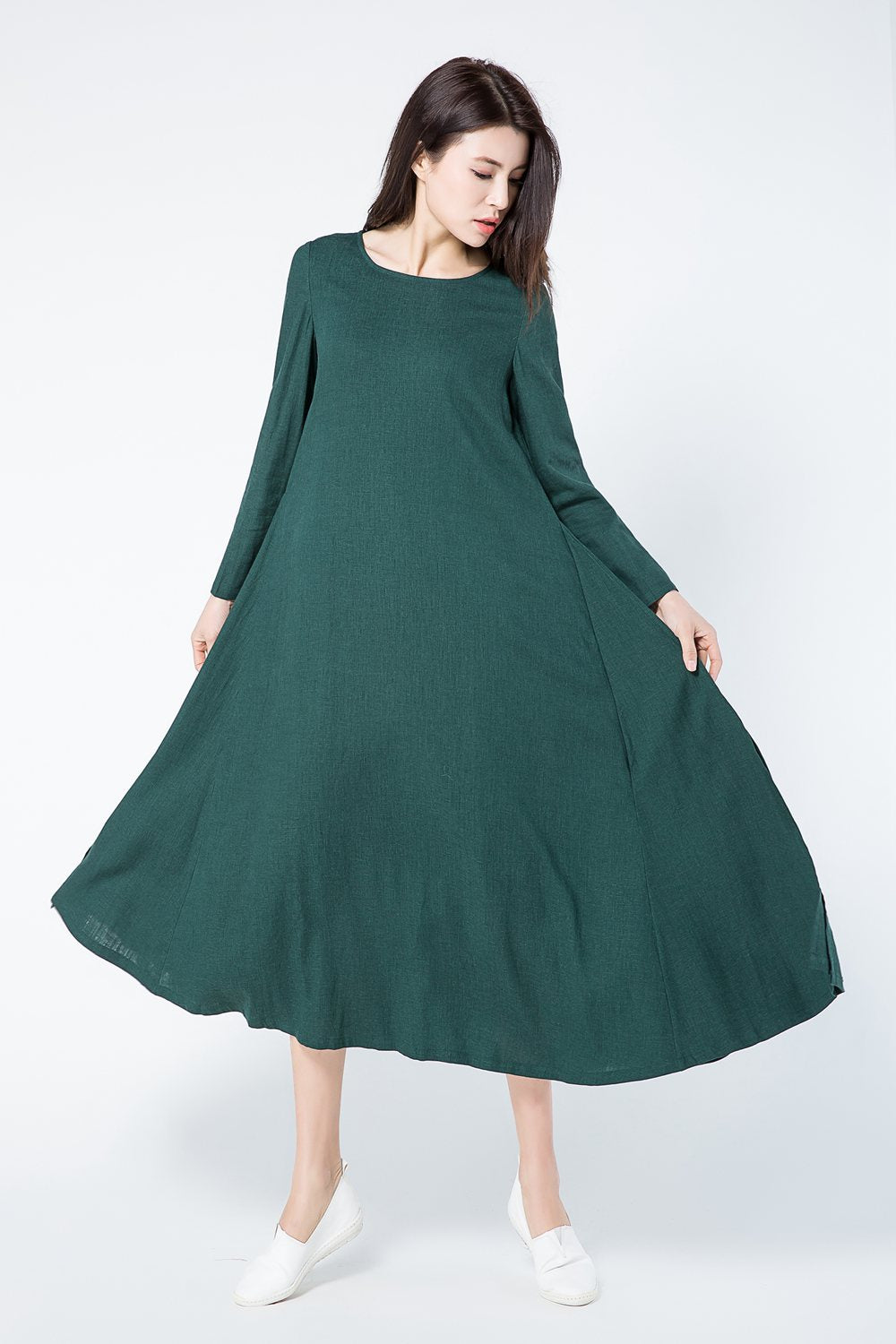 Green loose fitting linen dress women c1086