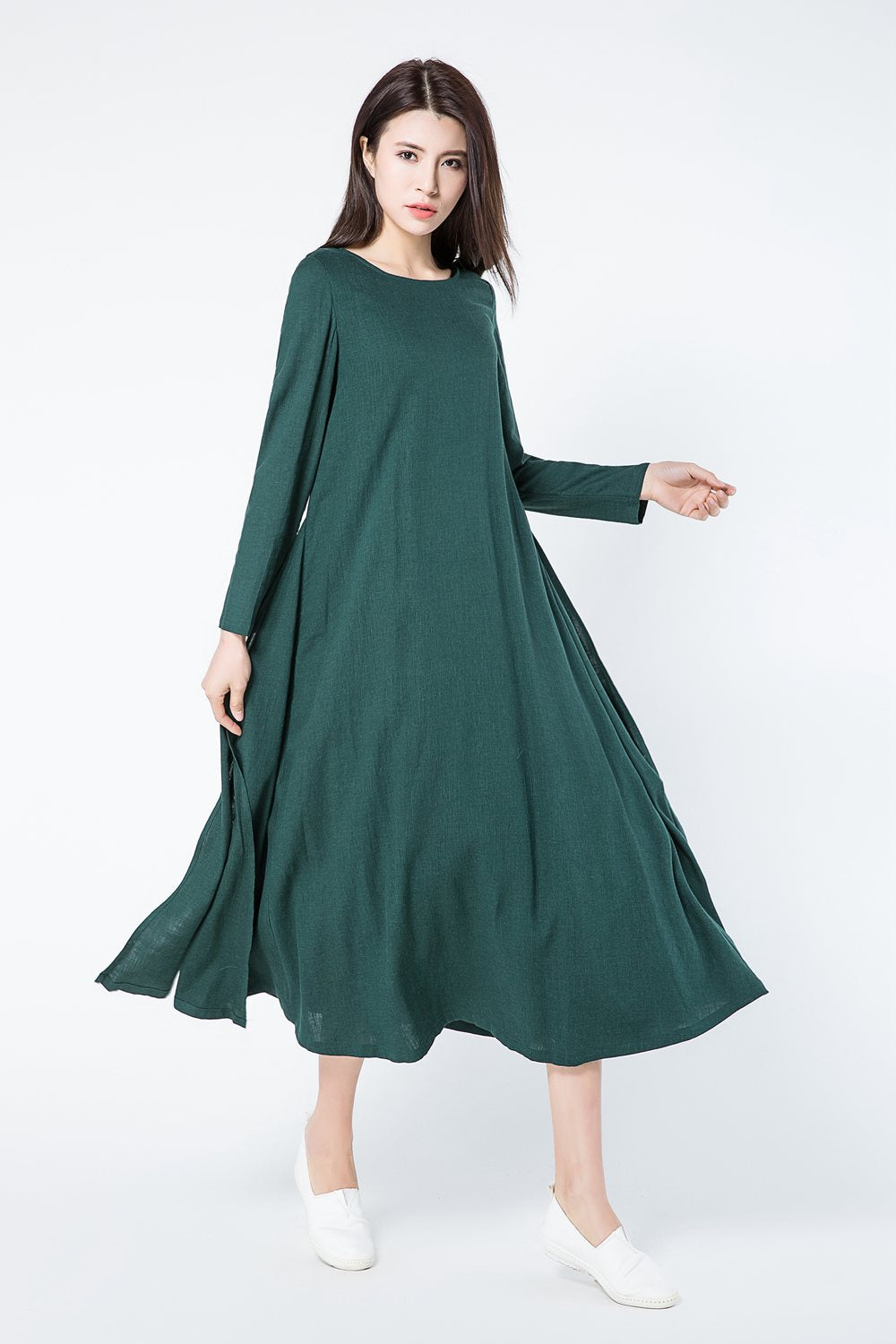 Green loose fitting linen dress women c1086