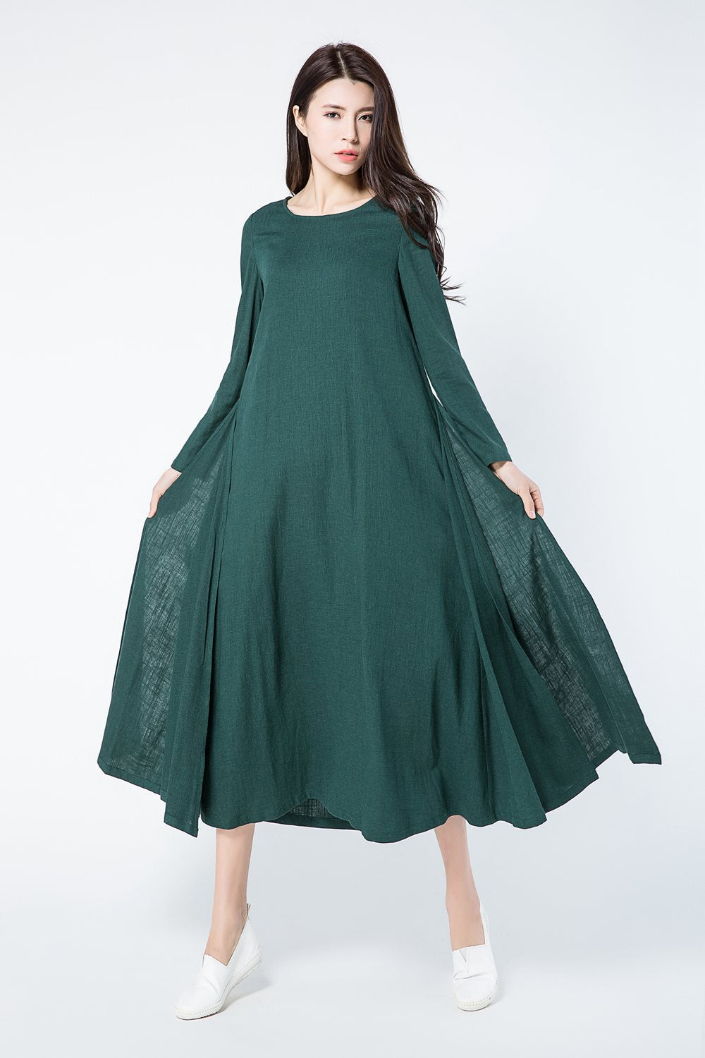 Green loose fitting linen dress women c1086