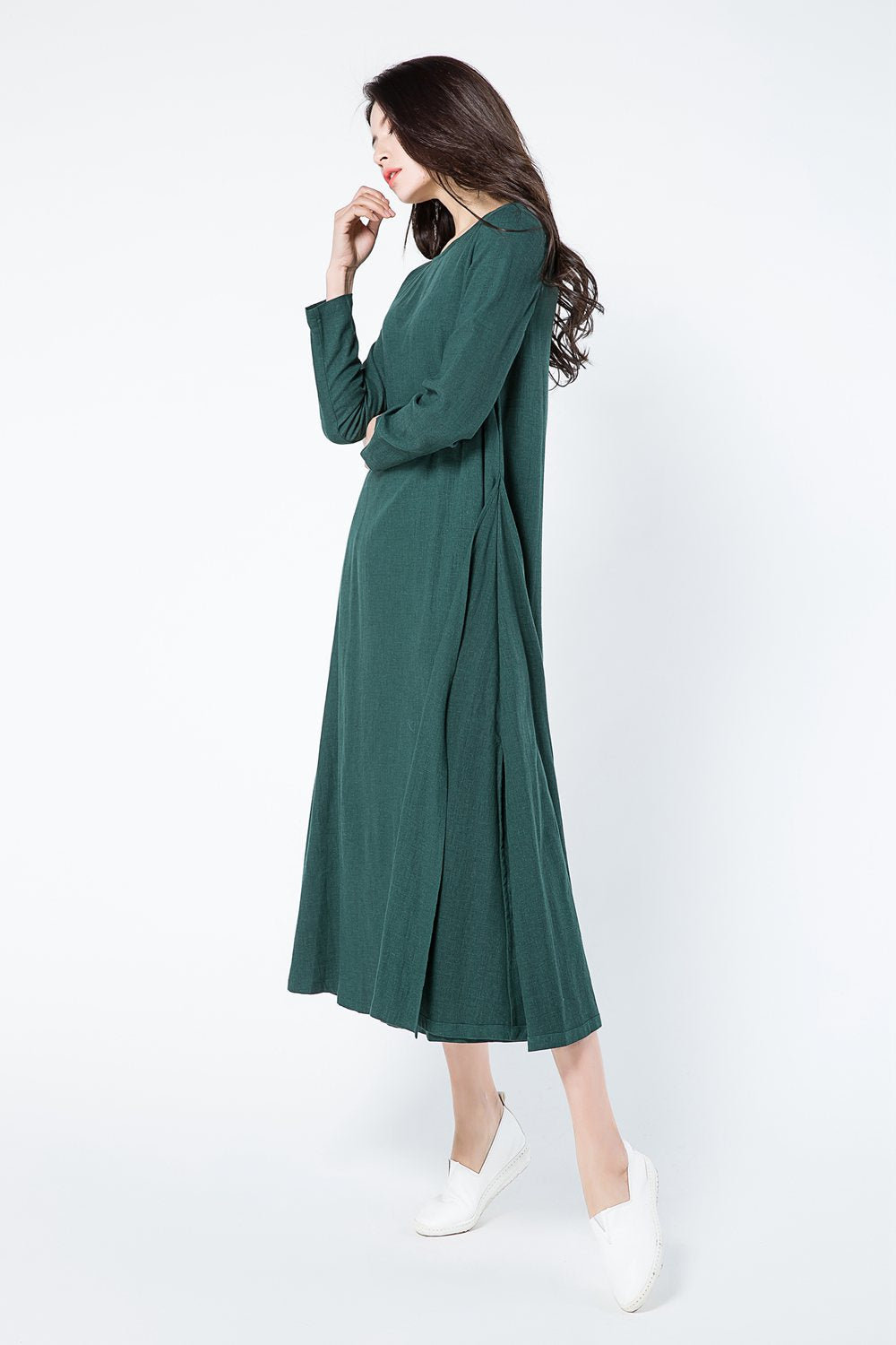 Green loose fitting linen dress women c1086
