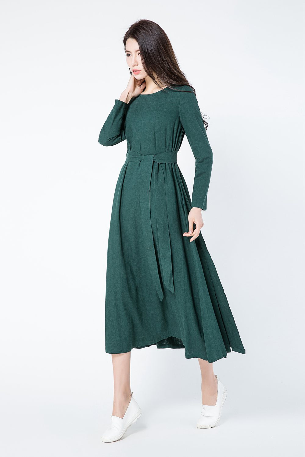 Green loose fitting linen dress women c1086