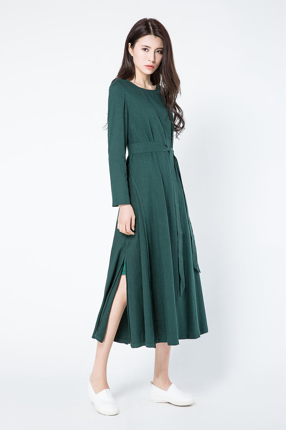 Green loose fitting linen dress women c1086