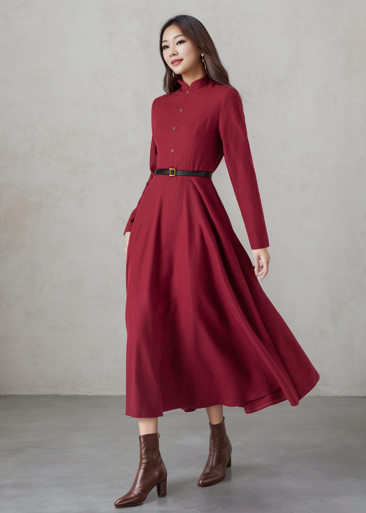 Burgundy Wool Fit and Flare Dress C4455
