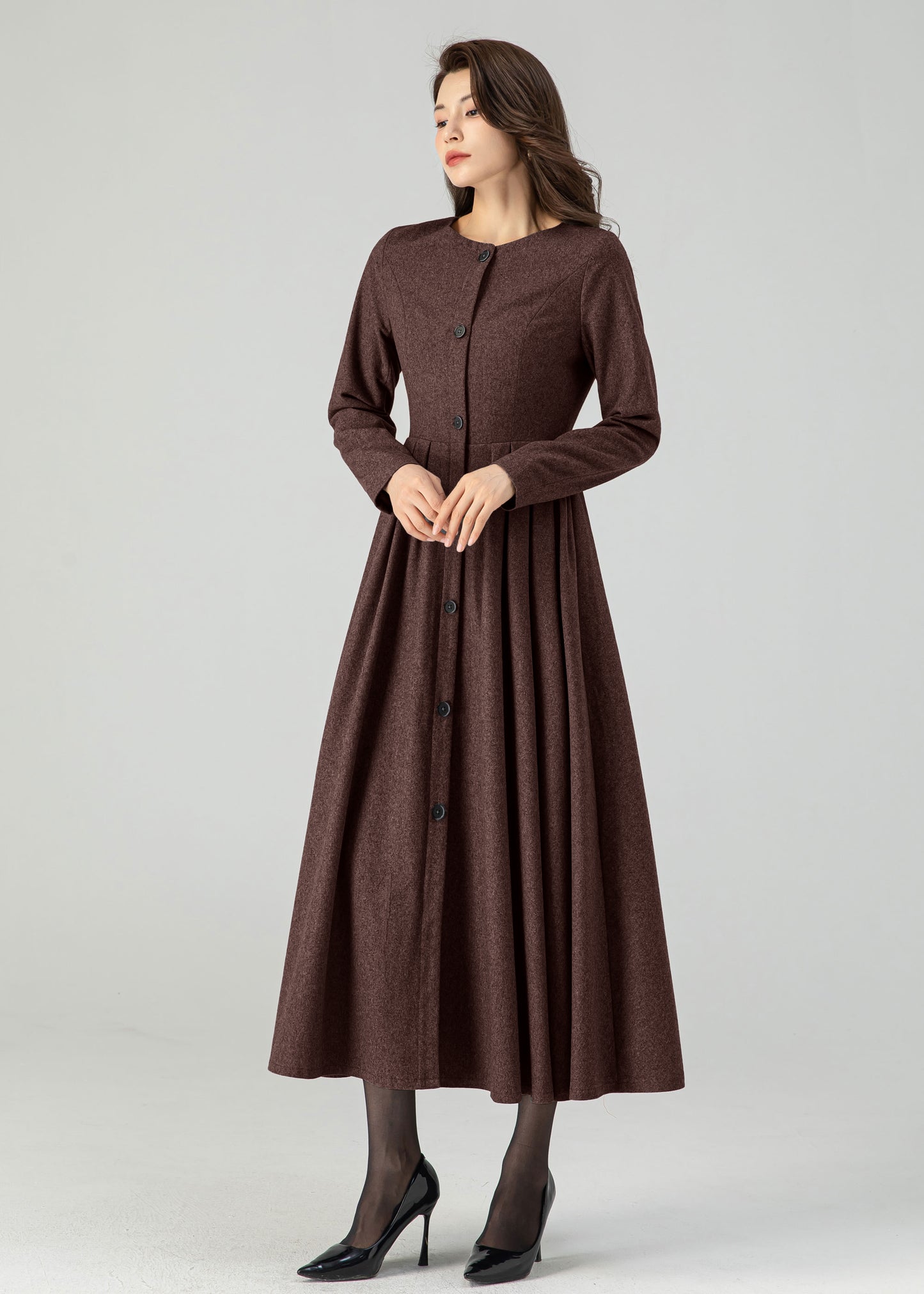 Coffee Midi Button Front Dress Women C4517
