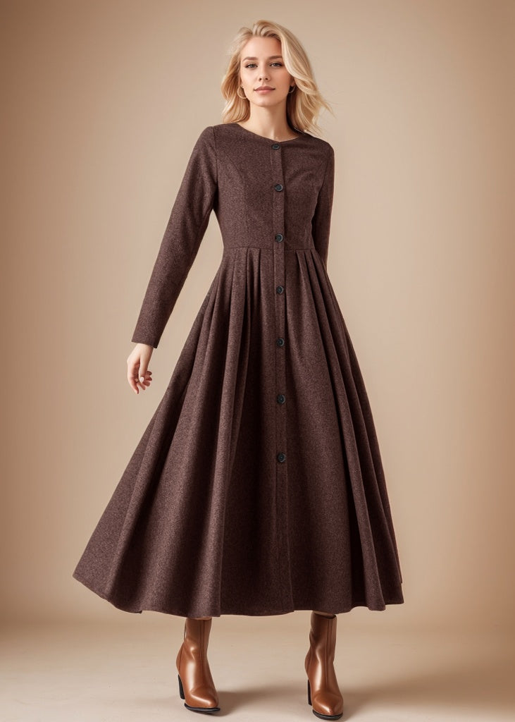 Coffee Midi Button Front Dress Women C4517