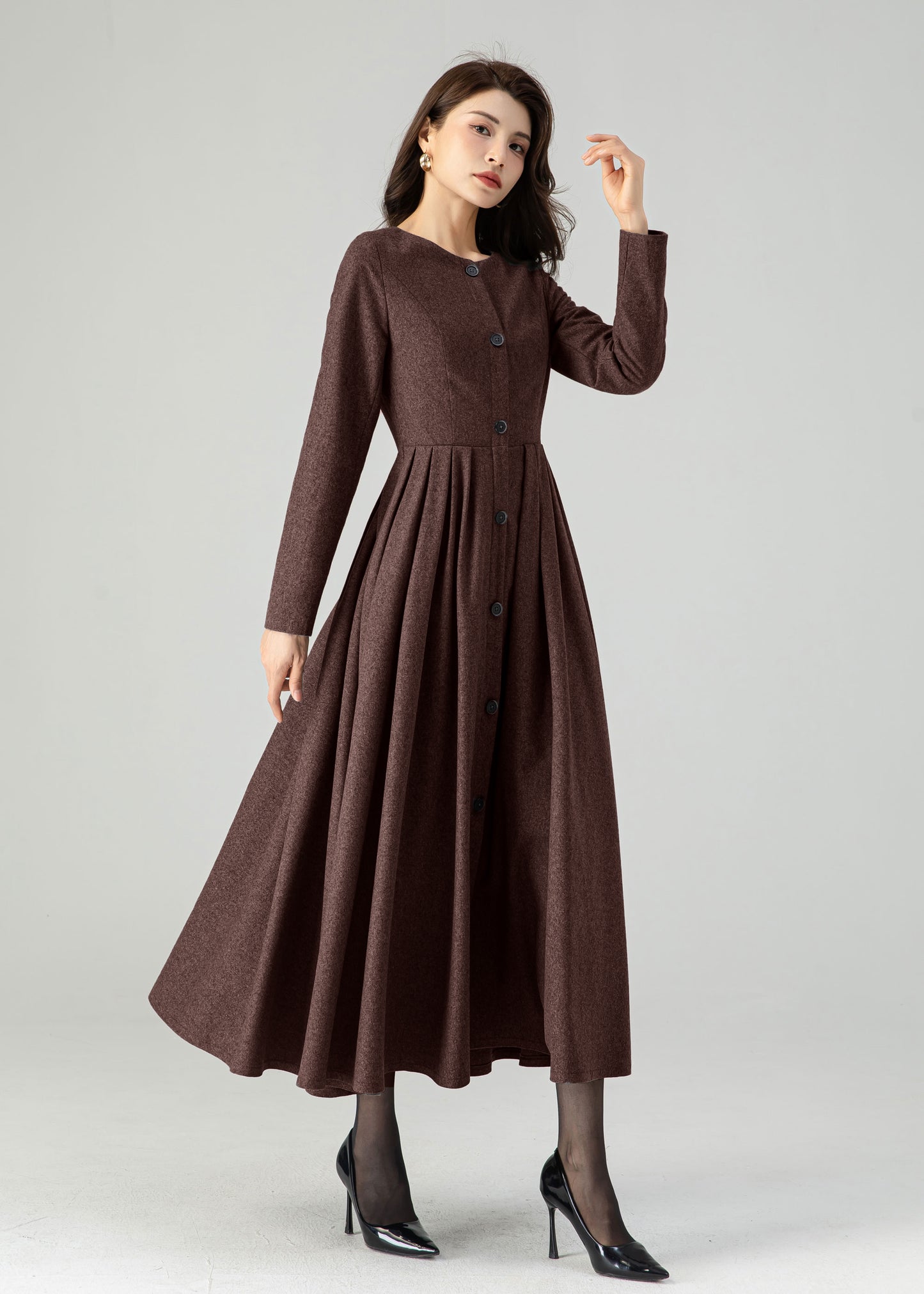 Coffee Midi Button Front Dress Women C4517